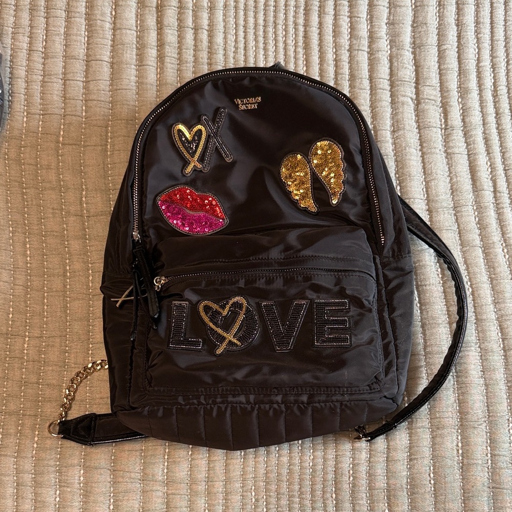 Victoria's Secret Black Backpack with Gold Sequin Details